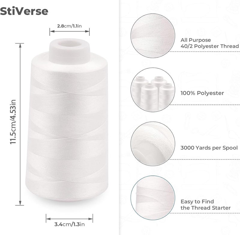 StiVerse 4 Pack White Sewing Thread, Serger Thread Cones of 3000 Yards Each, All Purpose Polyester Sewing Serger, Quilting, Piecing, Overlock Machine - Image 3